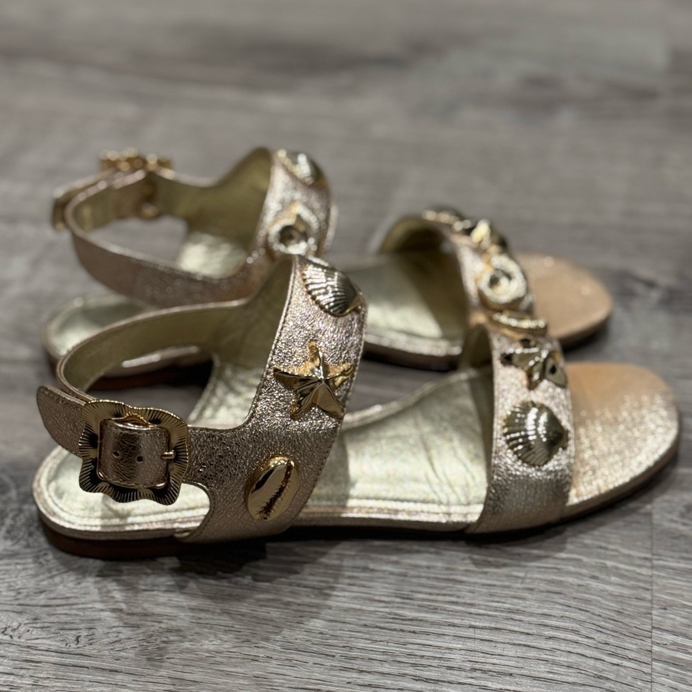 LARROUDE PREOWNED MADISON GOLD LEATHER SHELL SANDALS 6 ANTHROPOLOGIE - Picture 11 of 16